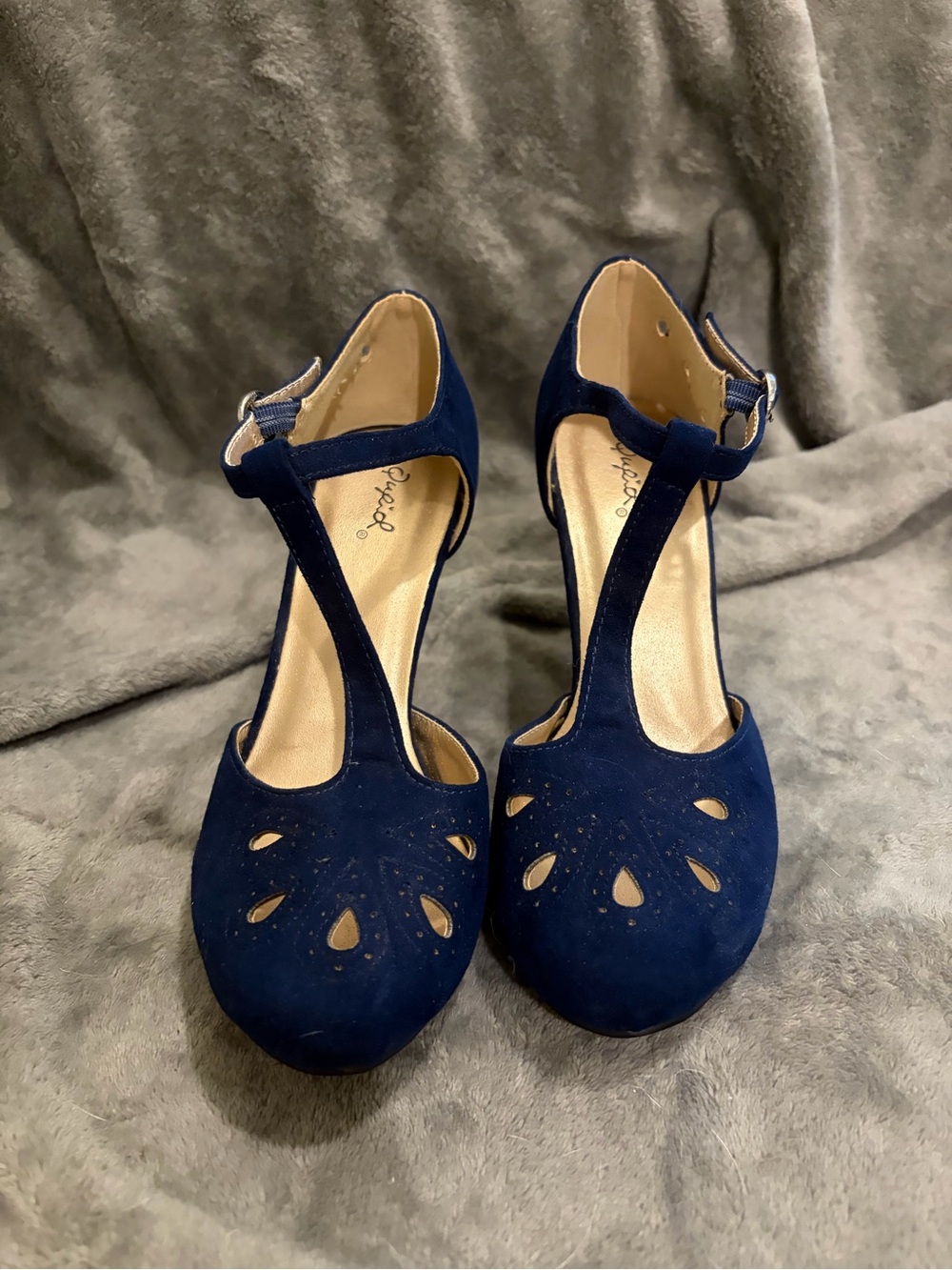Qupid Navy T-Strap Suede Cutout Heels